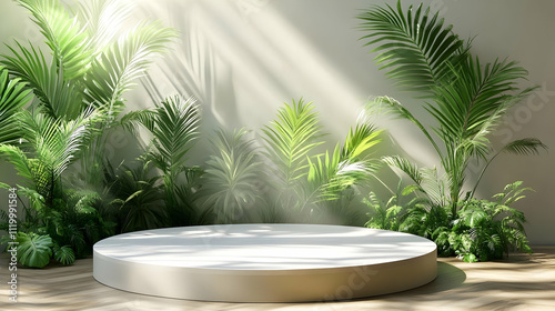 3D Render Tropical Plants White Podium