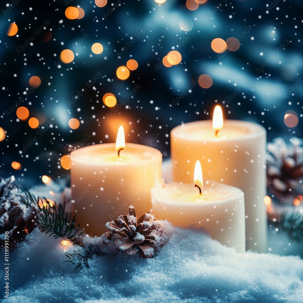 Christmas background with candles on a snow and bokeh Christmas background with candles on a snow and bokeh