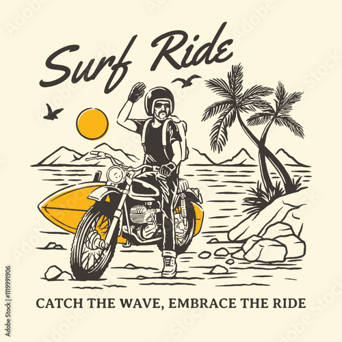 Vintage-inspired poster featuring a motorcyclist with a surfboard on a tropical beach backdrop, accompanied by palm trees, mountains, and a setting sun, ideal for motorcycle and surfing enthusiasts.