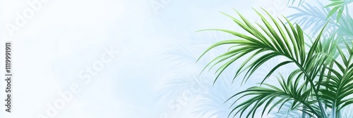 A serene background featuring lush green palm leaves against a soft blue gradient.