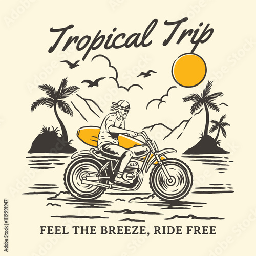 Vintage-themed logo and poster featuring a motorcyclist with a surfboard riding through a tropical beach scene with palm trees, a setting sun, and birds, perfect for branding or promotional materials 