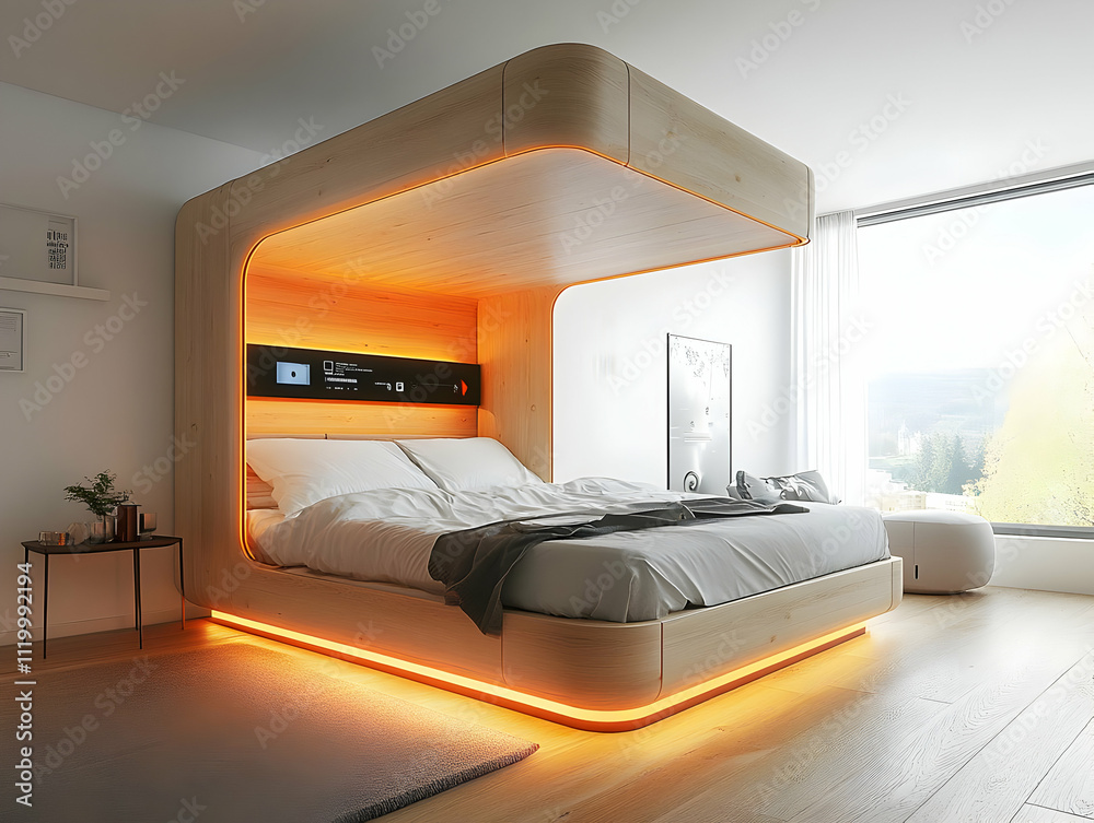 Fototapeta premium Modern Wooden Bed 3D Illustration