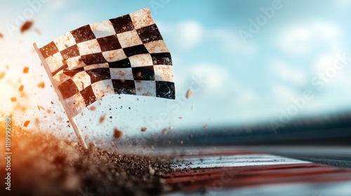 A dramatic scene of a checkered flag hitting the ground near a race track, with the sunlight casting a warm glow and dust particles in a dynamic splash. photo