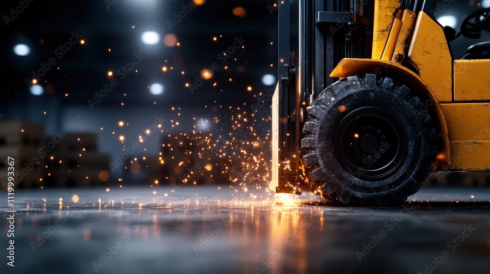 A dynamic visual captures a forklift's tire sparking vividly on the warehouse floor as it maneuvers between pallets, symbolizing the energy and intensity of the workspace. A dynamic visual captures a forklift's tire sparking vividly on the warehouse floor as it maneuvers between pallets, symbolizing the energy and intensity of the workspace.