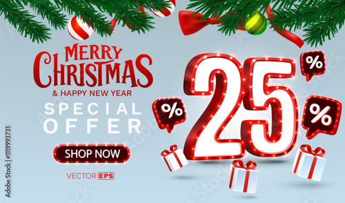 Merry Christmas, 25 percent Off discount. Sale banner and poster. Vector illustration.