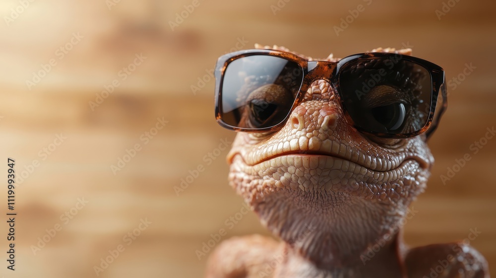 Obraz premium A portrait of a stylish lizard donning large sunglasses, highlighting its composed expression, merging wildlife and fashion in a captivating manner.