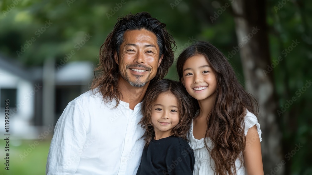 A joyous family moment captured with a father and his two children posing happily outdoors, symbolizing togetherness, love, and familial bonds in nature's embrace. A joyous family moment captured with a father and his two children posing happily outdoors, symbolizing togetherness, love, and familial bonds in nature's embrace.