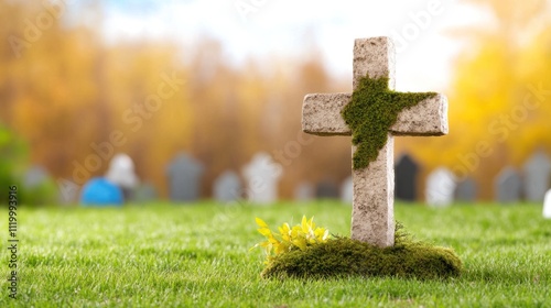 A weathered cross in a serene graveyard, surrounded by autumn leaves.