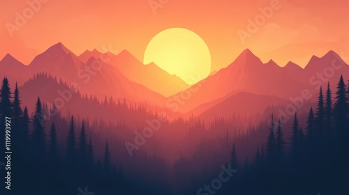 Sunset scene over forested mountains creating warm ambiance