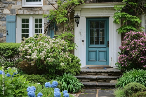 Classic Front Door: White Brick Home with Colorful Blue-Green Door and Beautiful Landscaping photo