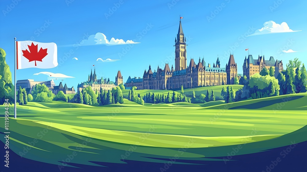 Obraz premium A Canadian flag is flying in the background of a picture of a golf course