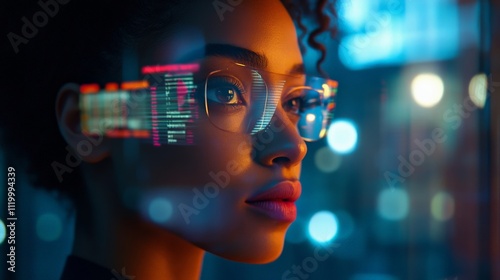 A focused woman with glasses gazes thoughtfully at digital data in a vibrant urban setting, reflecting intelligence and curiosity.