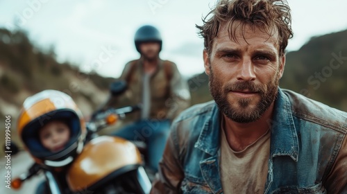 A bearded man smiles at the camera while two others are in the background on motorcycles, capturing a sense of camaraderie and shared passion for biking.