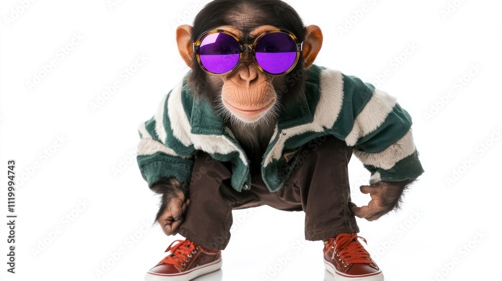 A stylish chimpanzee wearing sunglasses and a striped jacket poses playfully. A stylish chimpanzee wearing sunglasses and a striped jacket poses playfully.
