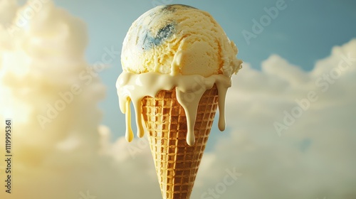 A melting scoop of ice cream shaped like the earth, dripping in a waffle cone, reflecting themes of global warming. photo