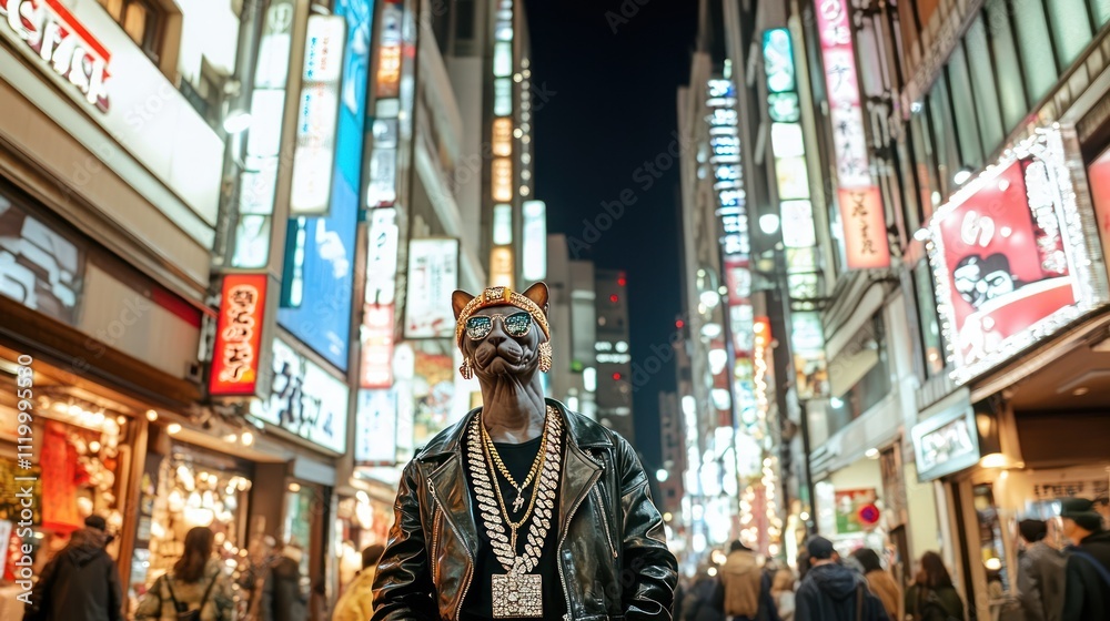 A person wearing a cat mask stands confidently in a vibrant city street at night. A person wearing a cat mask stands confidently in a vibrant city street at night.