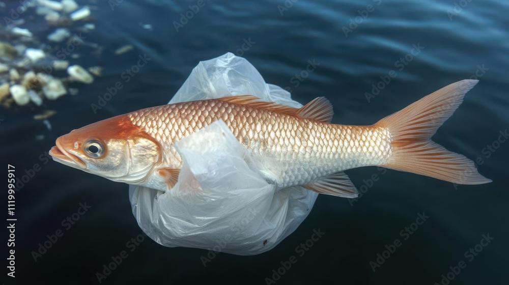 A fish suspended in a plastic bag above water, highlighting environmental concerns. A fish suspended in a plastic bag above water, highlighting environmental concerns.