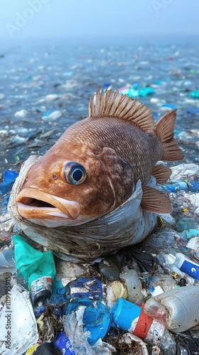 A fish surrounded by plastic waste in a polluted water environment.