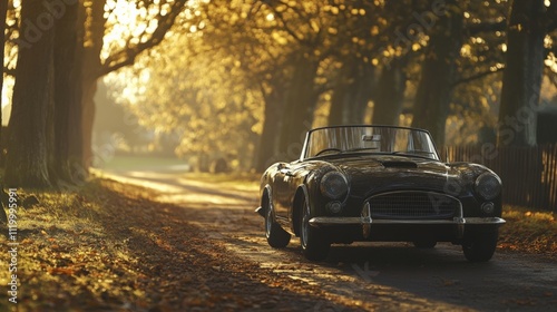 Classic convertible car on a serene autumn road, surrounded by golden trees and soft sunlight, perfect for nostalgic journeys.