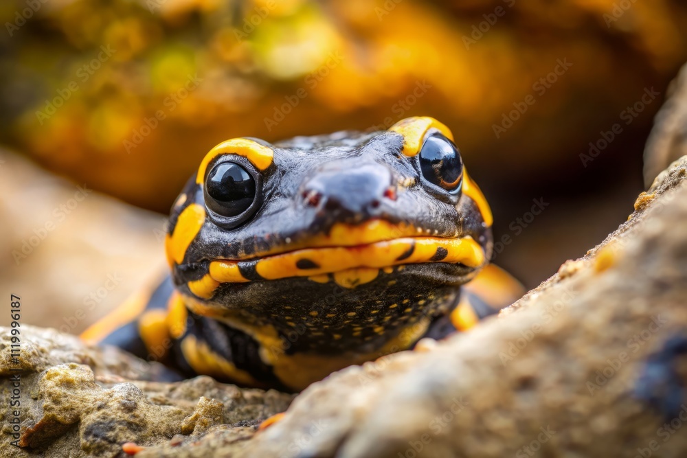Playful Fire Salamander Peeking from Behind a Rock on a Neutral Beige Background - Macro Photography Illustration Playful Fire Salamander Peeking from Behind a Rock on a Neutral Beige Background - Macro Photography Illustration