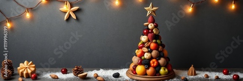 A creative and healthy Christmas tree made entirely of fresh fruits, surrounded by festive decorations. Perfect for holiday-themed designs and food-related projects.