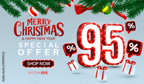 Merry Christmas, 95 percent Off discount. Sale banner and poster. Vector illustration.