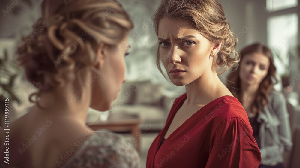 A tense confrontation between three women in a softly lit room. The woman in red glares intensely at the person in the foreground. Quarrel between friends. Selective focus. A tense confrontation between three women in a softly lit room. The woman in red glares intensely at the person in the foreground. Quarrel between friends. Selective focus.
