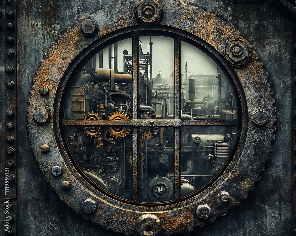 Rusty porthole reveals industrial machinery. Rusty porthole reveals industrial machinery.