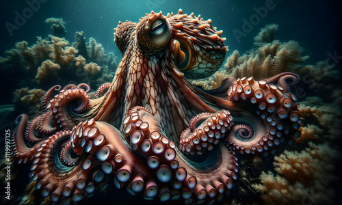 Close-up eines Octopus oder Tintenfisch im blauen Wasser photo