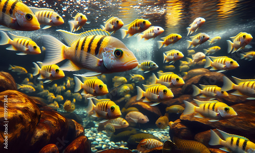 Unter Wasser Szene, ein Schwarm mit Buntbarschen schwimmt umher photo