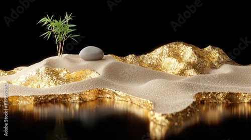 Minimalist zen garden with raked sand and bamboo tranquil home decor reflective environment serene viewpoint photo