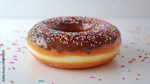 Chocolate donut with sprinkles on white background