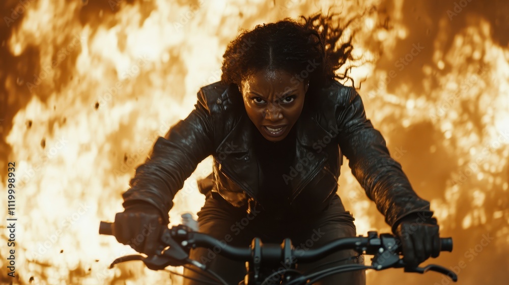 Obraz premium A determined motorcyclist confronts a raging fiery backdrop with boldness, donning leather gear and gripping the bike handles with intense focus and resilience.