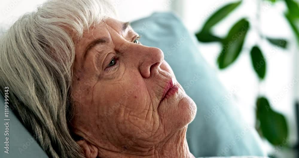 Sick, thinking and senior woman in hospital with cancer diagnosis, disease or reflection. Illness, bed and sad elderly patient in clinic for healthcare, medical recovery or dementia with face profile Sick, thinking and senior woman in hospital with cancer diagnosis, disease or reflection. Illness, bed and sad elderly patient in clinic for healthcare, medical recovery or dementia with face profile