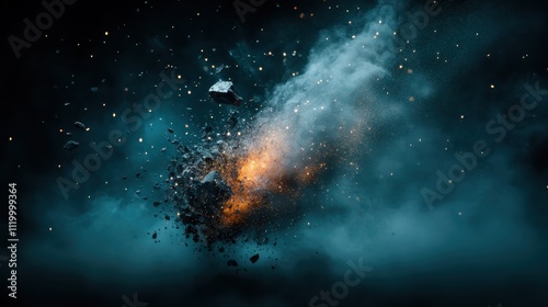 A breathtaking scene of cosmic destruction unfolds with chunks of debris dispersing in vibrant clouds, captured in surreal, otherworldly artistic style.