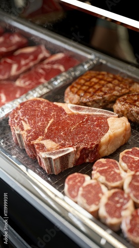 Premium cuts of meat for sale at local butcher shop urban environment food display captivating viewpoint