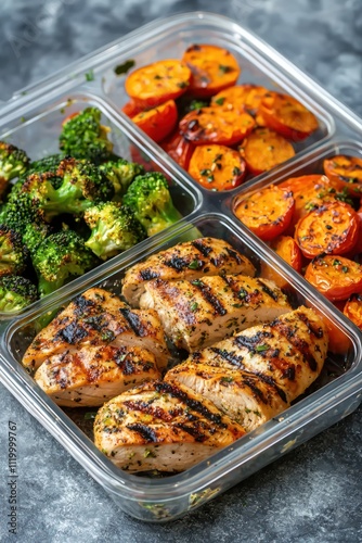 A nutritious meal prep featuring grilled chicken, broccoli, tomatoes, and sweet potatoes, ideal for healthy eating.