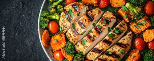 A nutritious meal prep featuring grilled chicken, broccoli, tomatoes, and sweet potatoes, ideal for healthy eating.