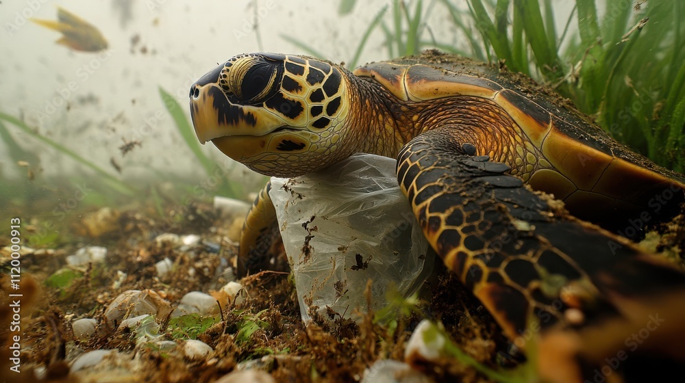 A sea turtle rests on a plastic bag amidst underwater vegetation, highlighting pollution issues. A sea turtle rests on a plastic bag amidst underwater vegetation, highlighting pollution issues.