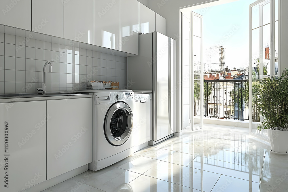 Modern Laundry Room with City View Illustration