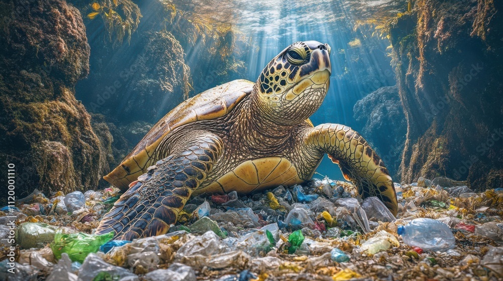 Naklejka premium A sea turtle surrounded by ocean debris, highlighting marine pollution.