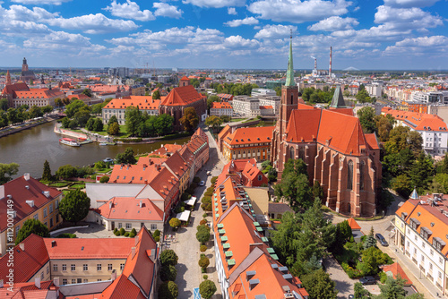 Aerial view of the historic district of Wroclaw, Poland, and the Cathedral of St. John the Baptist