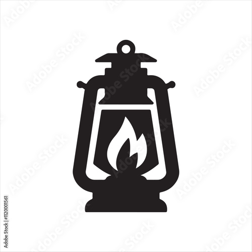 vintage oil lantern, silhouette, minimalist design, black and white, centered composition, traditional kerosene lamp, flat illustration, simplistic, isolated on white background

