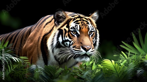 A tiger stealthily prowling through lush green foliage.