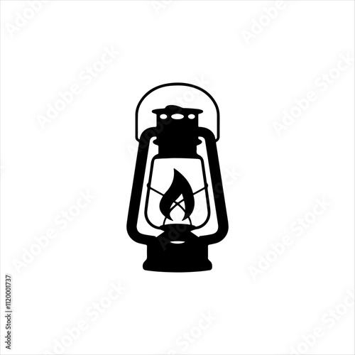 vintage oil lantern, silhouette, minimalist design, black and white, centered composition, traditional kerosene lamp, flat illustration, simplistic, isolated on white background
