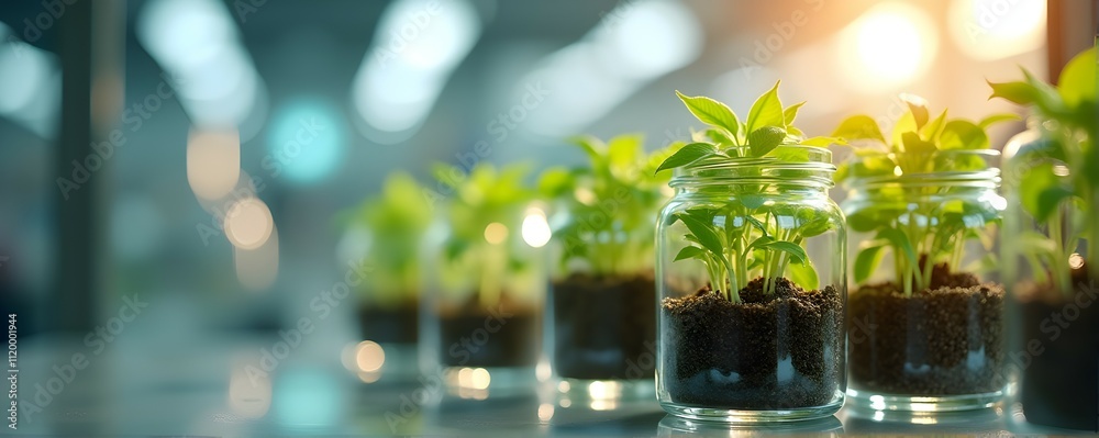 Young plants thrive in glass jars, bathed in sunlight. A vibrant display of nature's growth and resilience. A testament to life's tenacity. Young plants thrive in glass jars, bathed in sunlight. A vibrant display of nature's growth and resilience. A testament to life's tenacity.