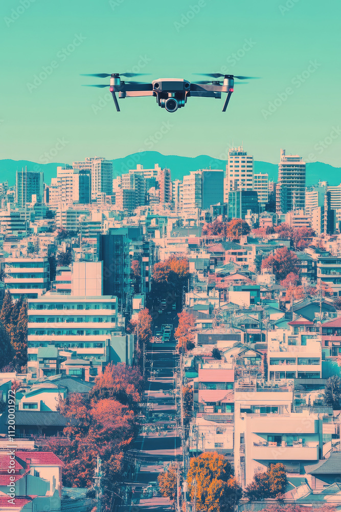 Urban Aerial View with Drone Hovering Over City Skyline in Vibrant Light Urban Aerial View with Drone Hovering Over City Skyline in Vibrant Light
