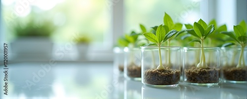 Tender green sprouts emerge, reaching for sunlight in small glass jars. A hopeful scene of new life and growth.