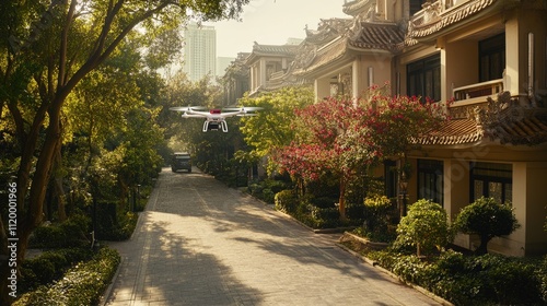 Drone Delivering Package in Serene Asian Residential Area with Traditional Architecture