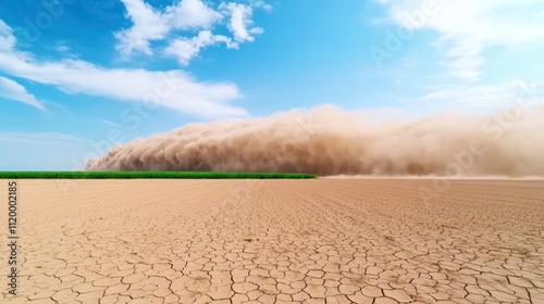 Dust storm approaching over a dry, cracked landscape.